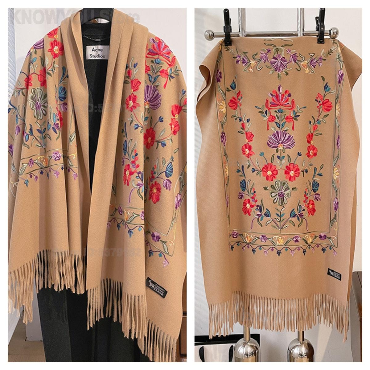 Go Ethnic Fashion - 女性レトロ花柄刺繍両面模造カシミヤショール厚く暖かいエスニックスタイルラップスカーフ多用途冬