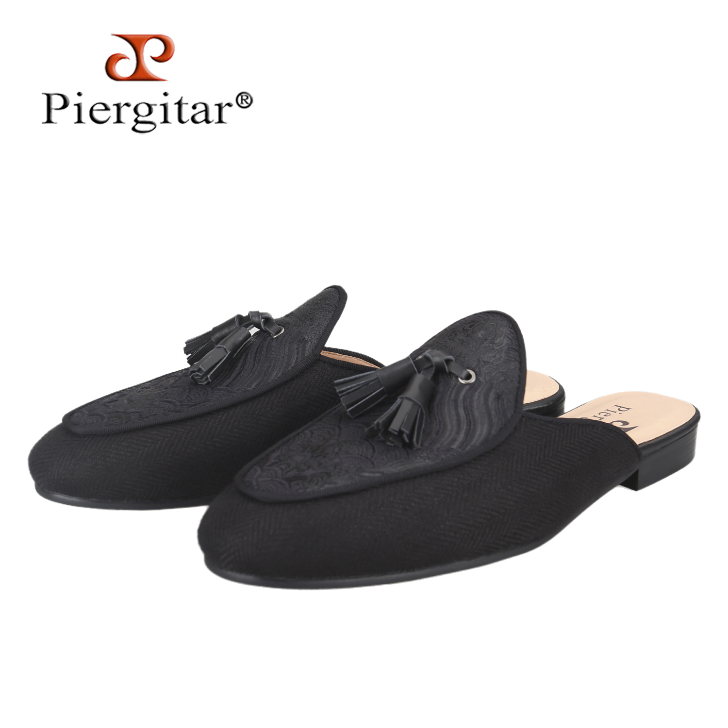 New Ethnic Fashion - Piergitar 新中国風ブラックヘリンボーンリネンパッチワーク海柄サテンメンズミュールファッションスリッパレザータッセル付き