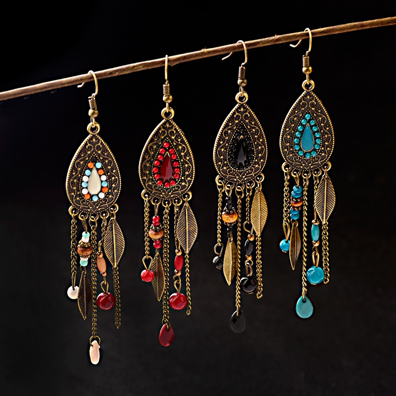 Ethnic Fashion India - 女性のためのボヘミアンスタイルのメタルイヤリング,エスニックブロンズ,ウォータードロップ,マルチカラーストーンペンダント,メタルリーフ,インドのジュエリー