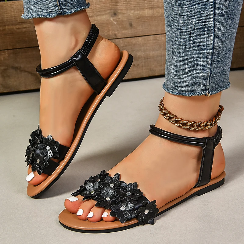 花の装飾フラットサンダル女性用夏軽量快適ビーチシューズファッ - Ethnic Fashion Women のレビューと価格